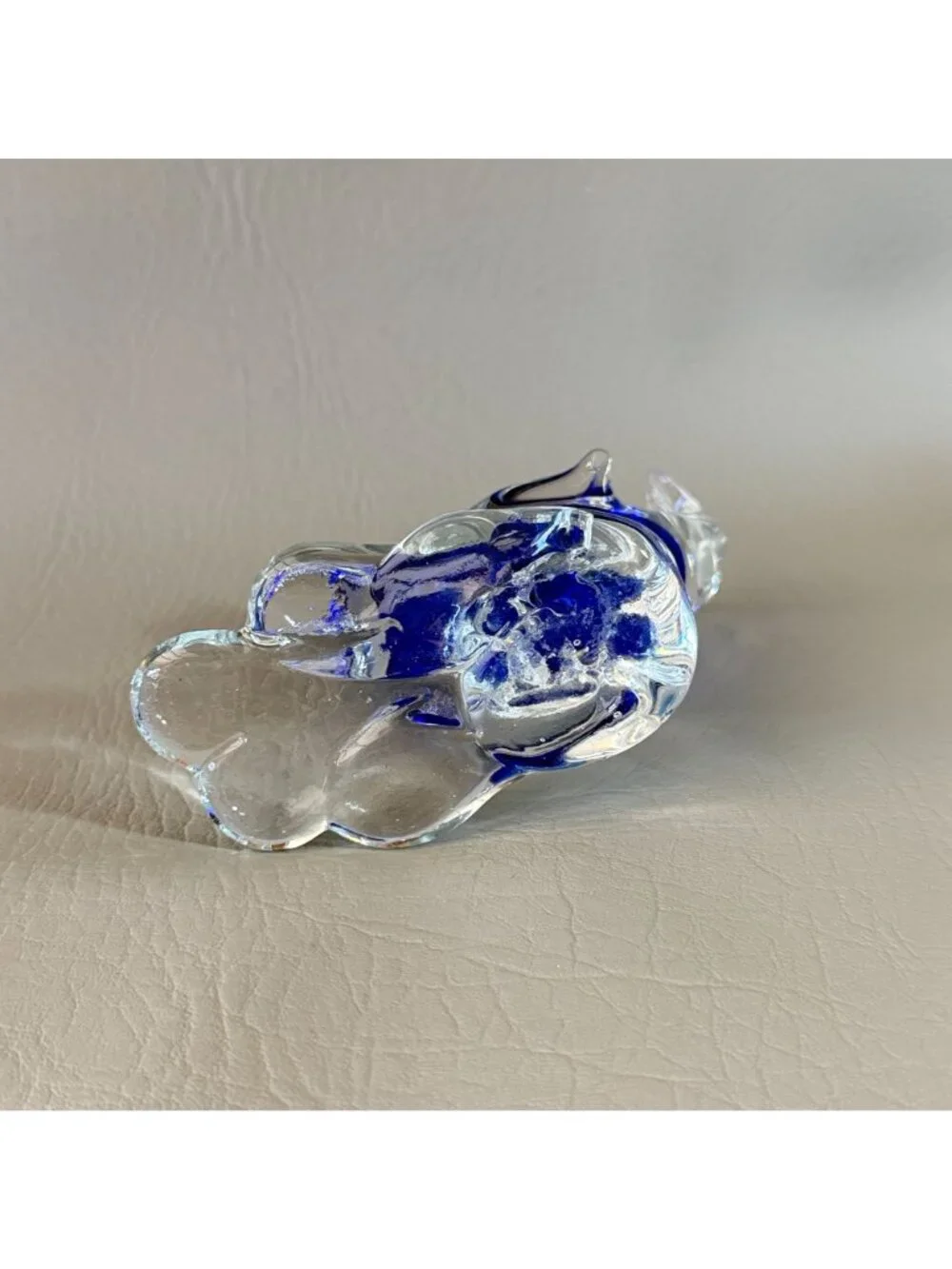 Retro Cobalt Blue Encased Glass Dolphin Figurine Abstract Wave Paperweight